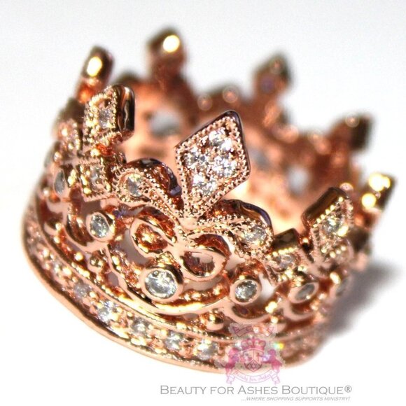 Brass Crown of Life Fleur-de-Lis Cubic Zirconia Ring Rosegold Plating Size 5 - Picture 2 of 4